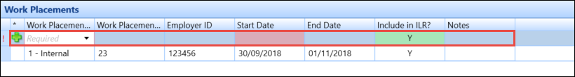 Work Placements grid - new record