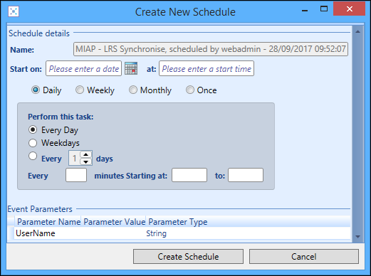 Create New Schedule window