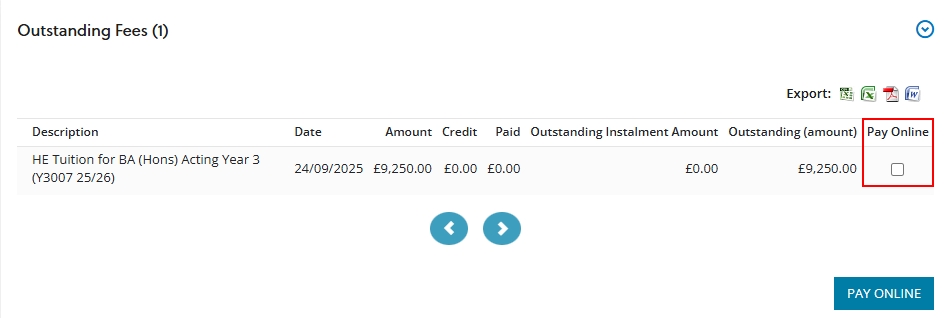 Pay Online check boxes