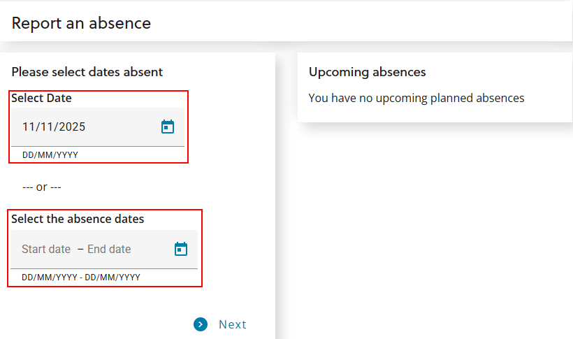 Please select dates absent screen