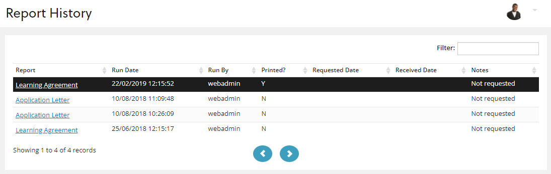 Report History screen