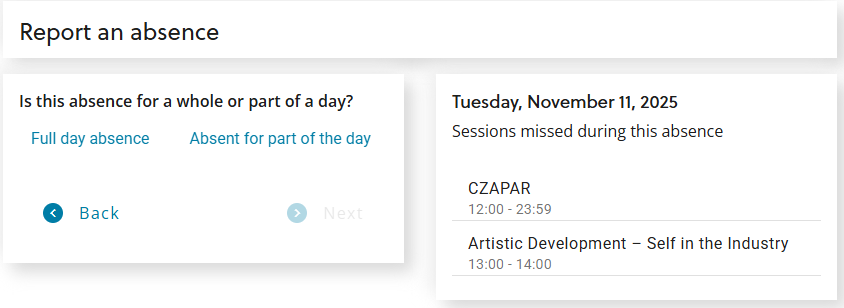 Is this absence for a whole or part of a day? screen