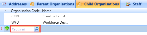 Child Organisations tab - Organisation Code field