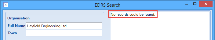 EDRS Search window - no results message