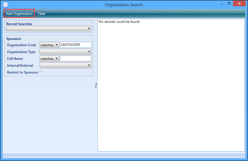 Organisation Search window - Add Organisation button