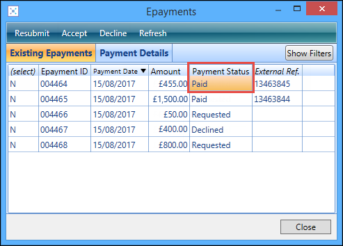 Epayments window - ePayment accepted
