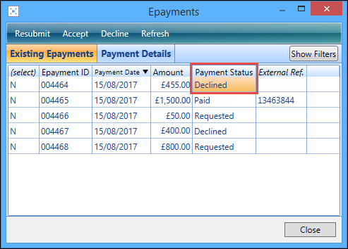 Epayments window - ePayment declined