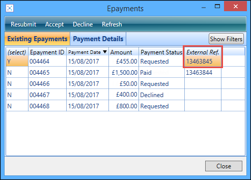 Epayments window - External Reference field