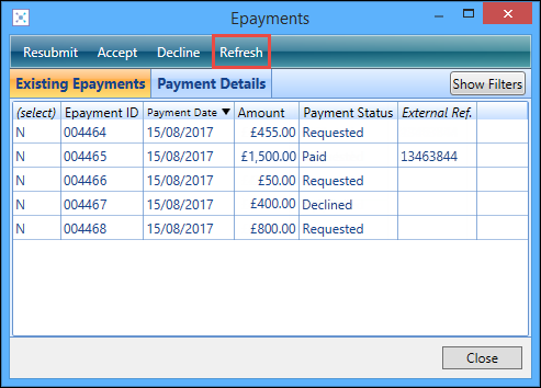 Epayments window - Refresh button