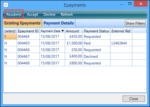 Epayments window - Resubmit button
