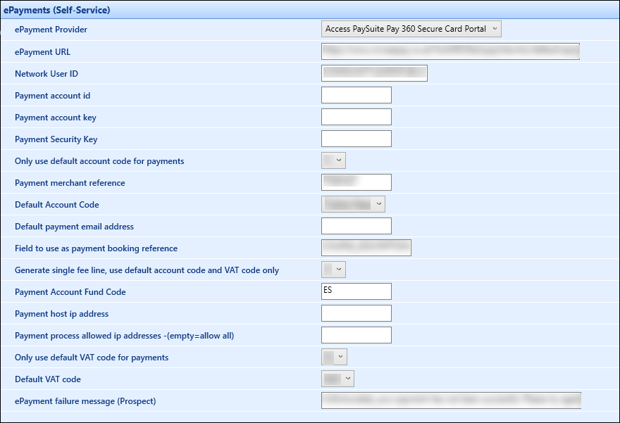 ePayments (Self-Service) institution settings screen