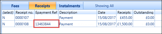 Receipts grid - ePayment