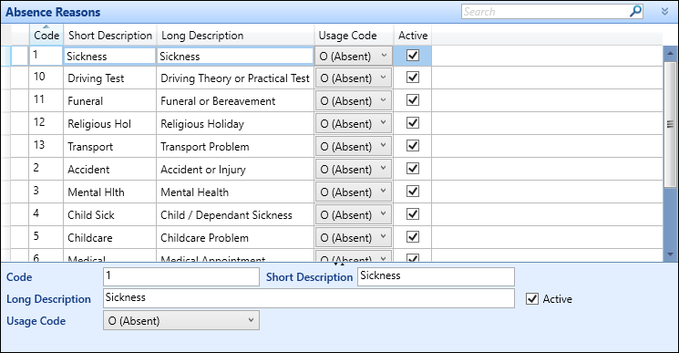 Absence Reasons reference data