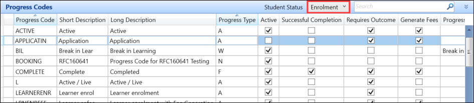 Enrolment selected from the Student Status drop-down list