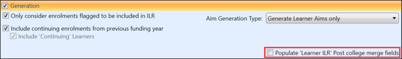 Populate 'Learner ILR' Post college merge fields check box