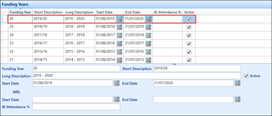 New record on the Funding Years screen