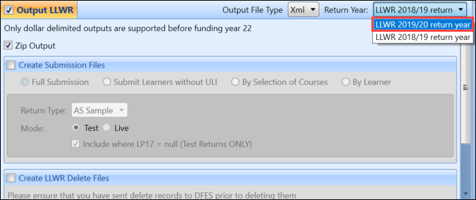 Output LLWR screen