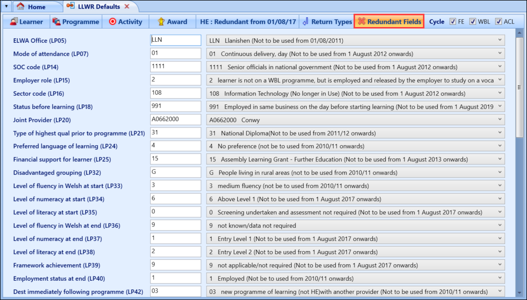 Redundant Fields tab