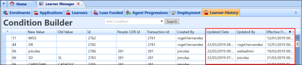 New fields on the Learner History screen