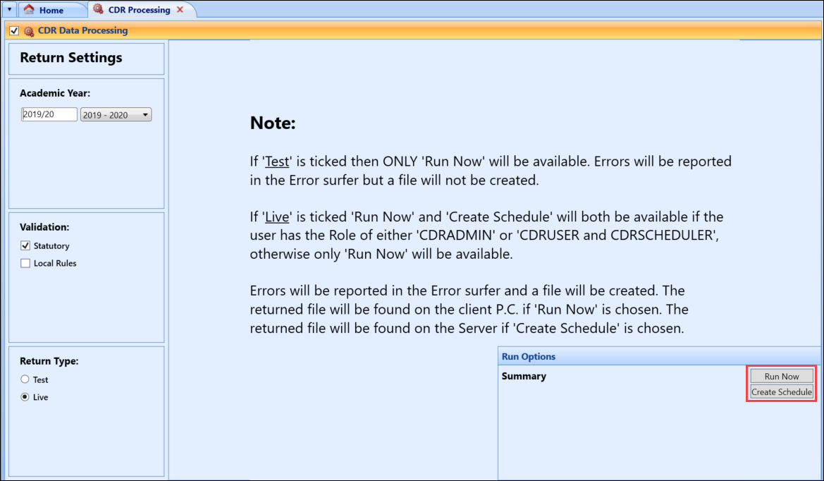 Run Now and Create Schedule buttons on the CDR Processing screen