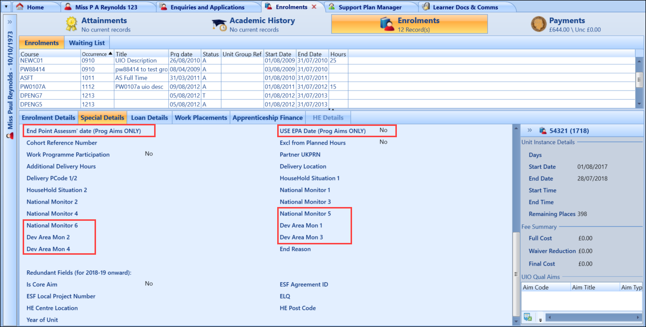 New fields on the Special Details tab