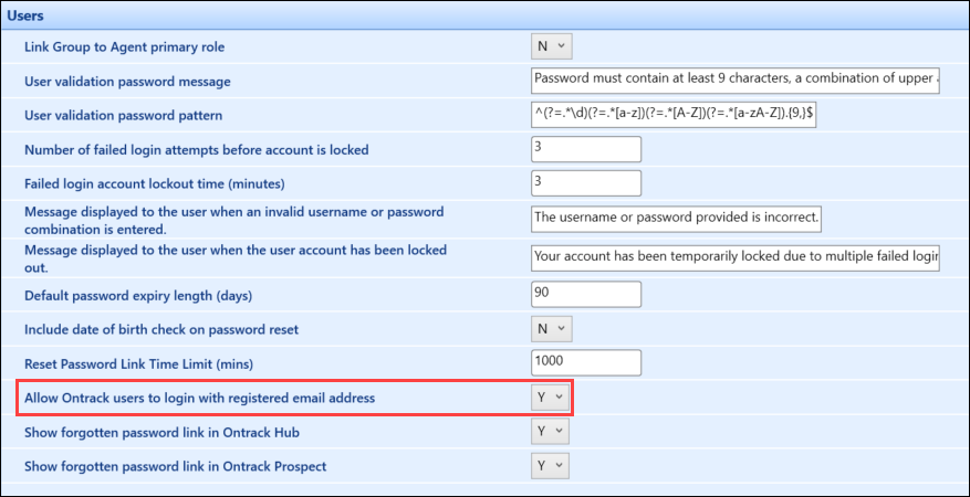 Allow Ontrack users to login with registered email address institution setting