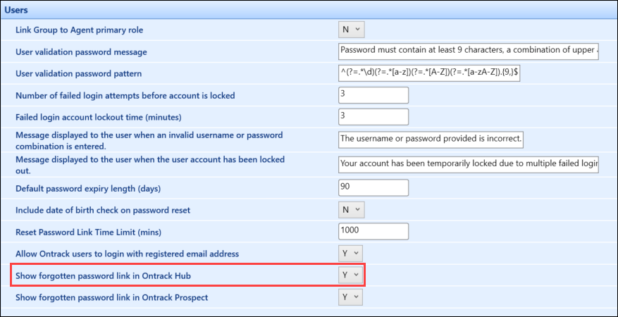 Show forgotten password link in Ontrack Hub institution setting