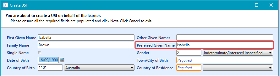 Preferred Given Name field