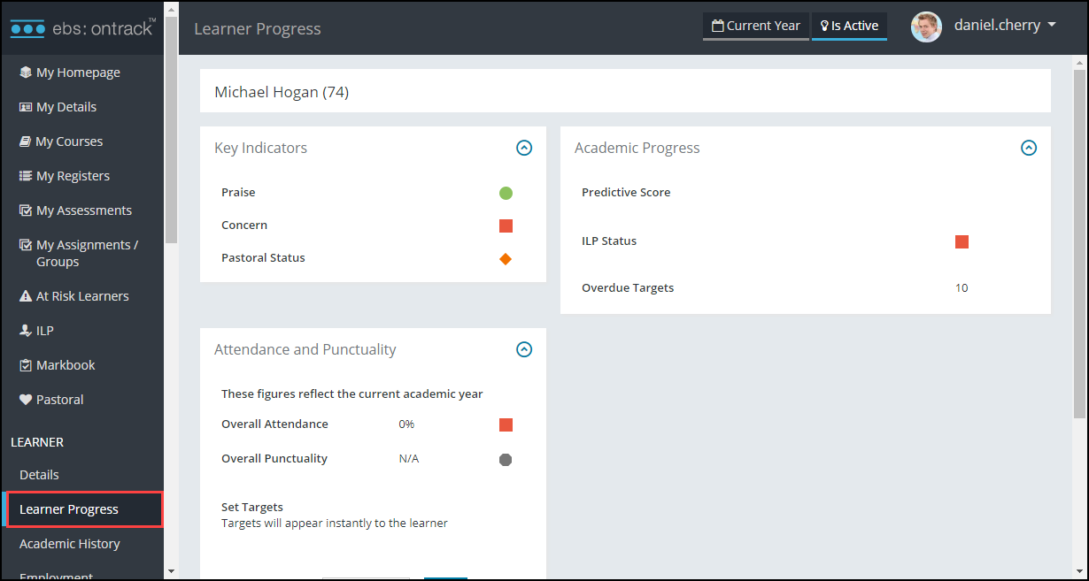 Learner Progress screen