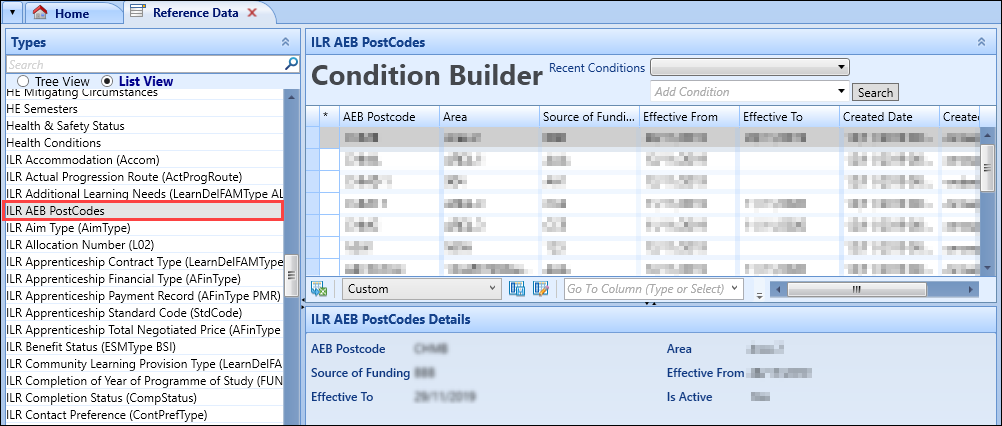 ILR AEB Postcodes screen