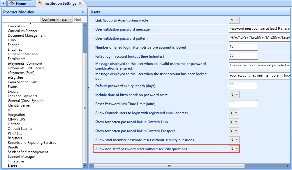 The Allow non-staff password reset without security questions drop-down has been added to the Users screen