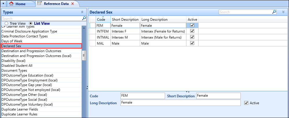 Declared Sex reference data screen