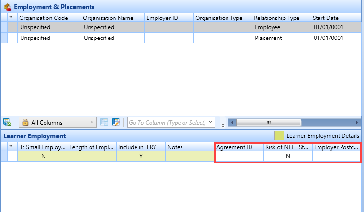 Agreement ID, Employer Postcode and Risk of NEET Status? fields