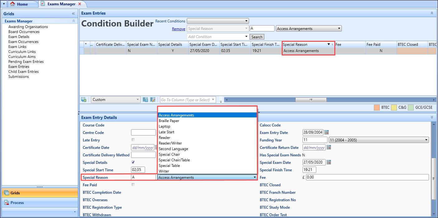 Special Reason field in the Exam Entries screen in Exams Manager