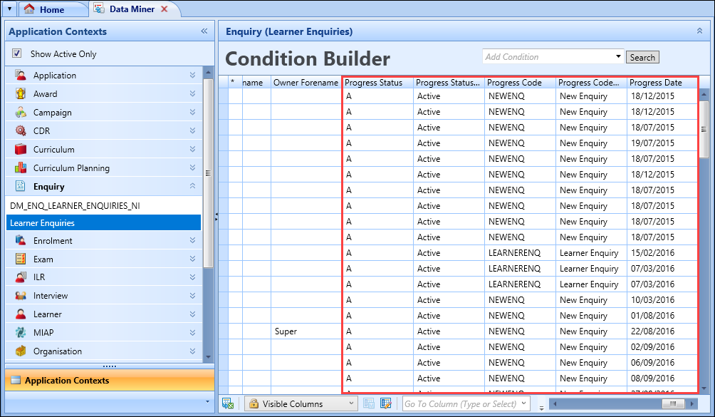 New Learner Enquiries view fields