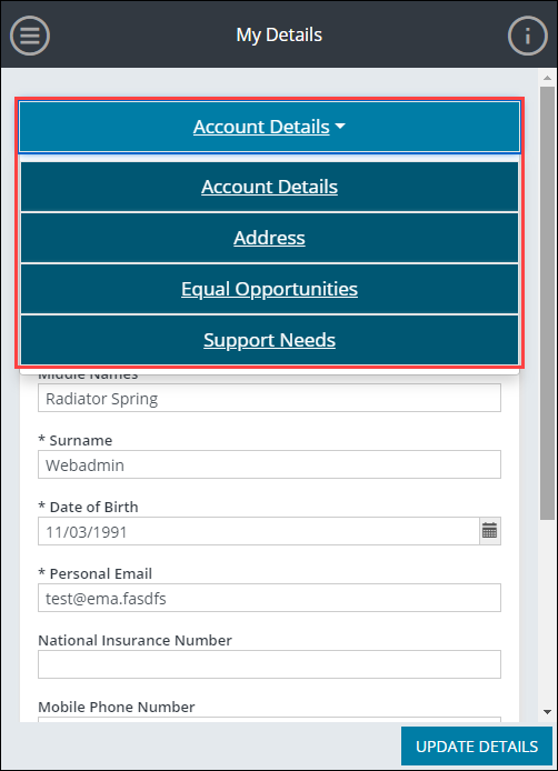 My Details tab - mobile view