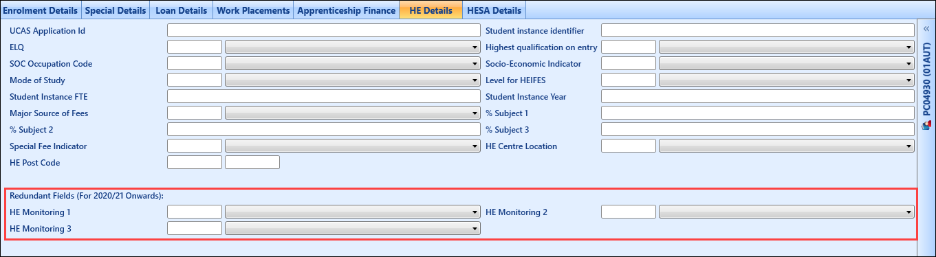 Redundant Fields (For 2020/21 Onwards) section