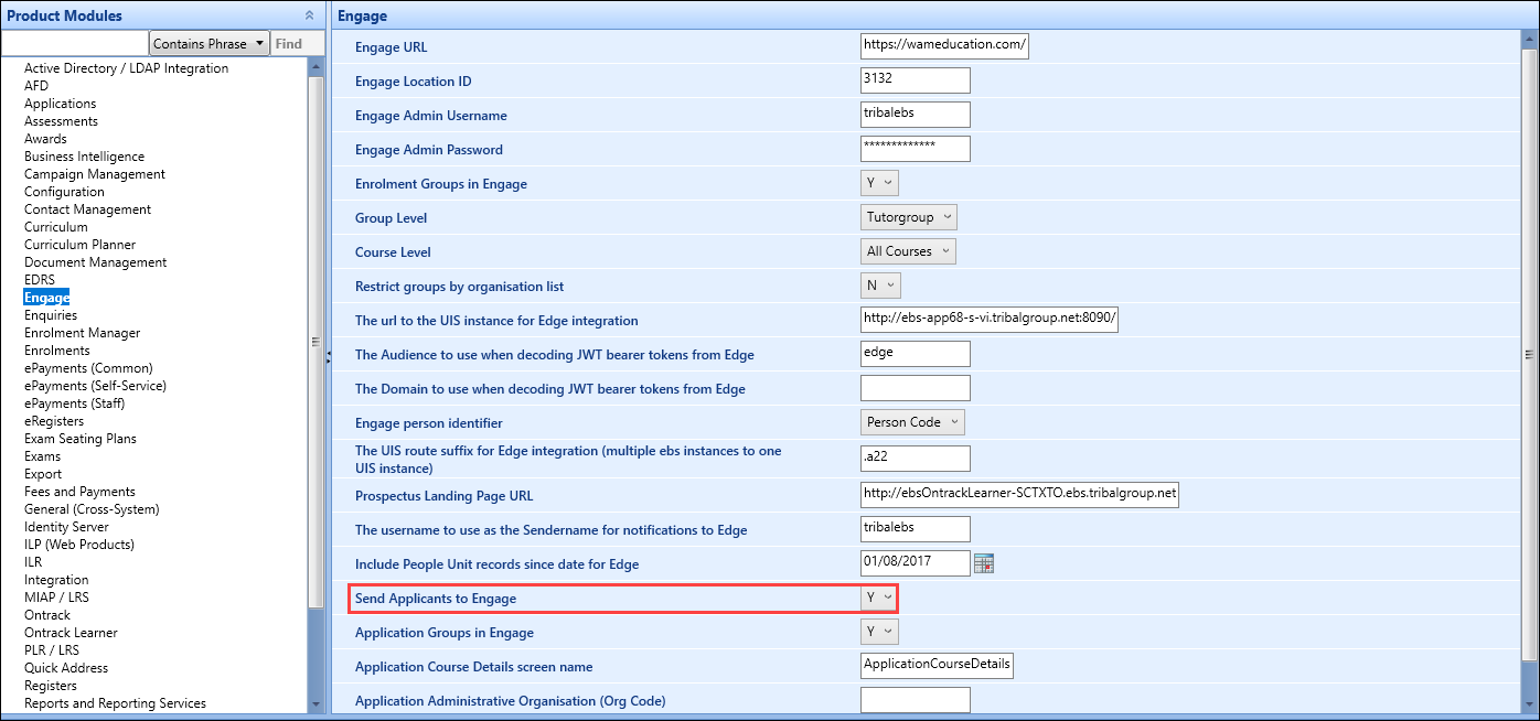 Send Applicants to Engage institution setting