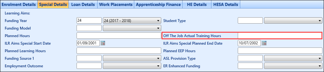 Off The Job Actual Training Hours field