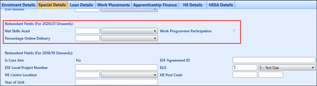 Redundant Fields (for 2020/21 onwards) section