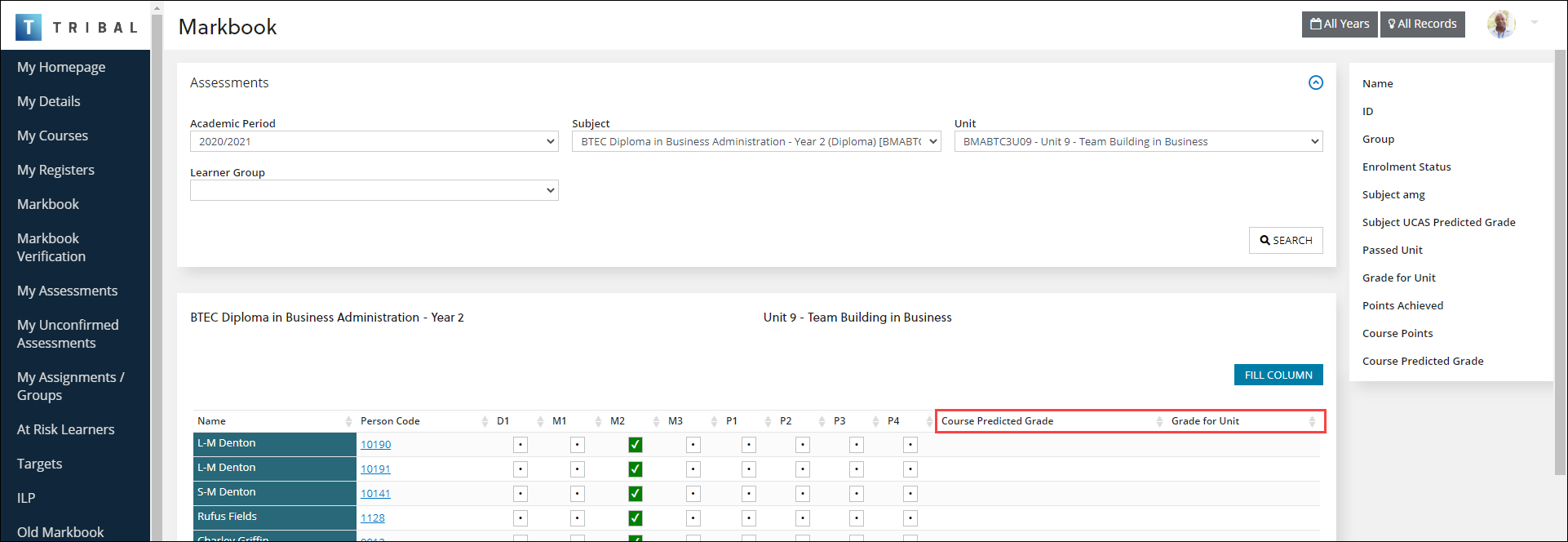 Course Predicted Grade and Grade for Unit fields