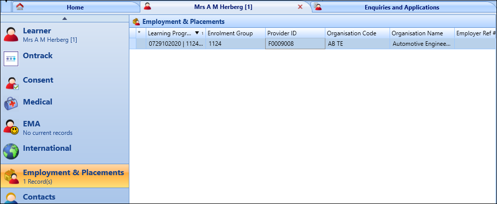 Employment & Placement screen