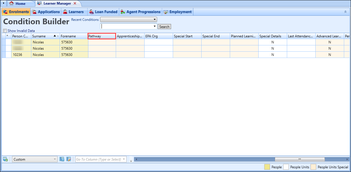 Enrolments screen Pathway field