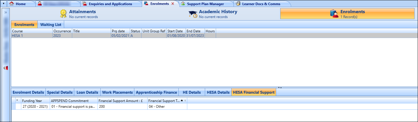 HESA Financial Support Tab