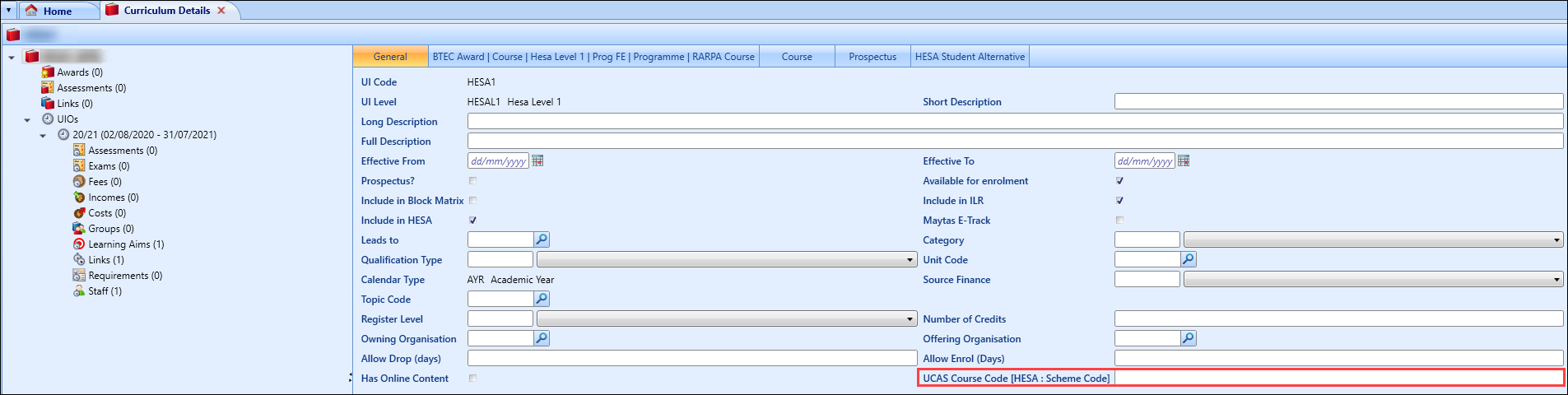 UCAS Course Code [HESA : Scheme Code] field