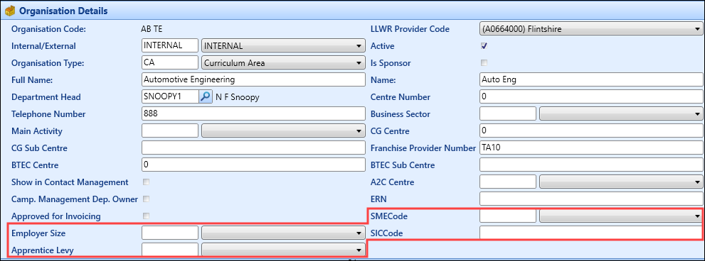 Organisation Details section of the Organisation screen