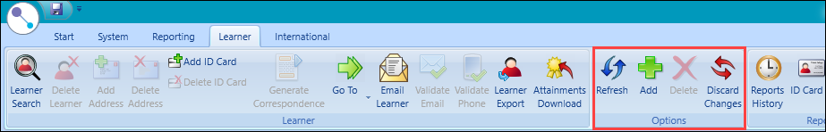 Options section on the Learner ribbon