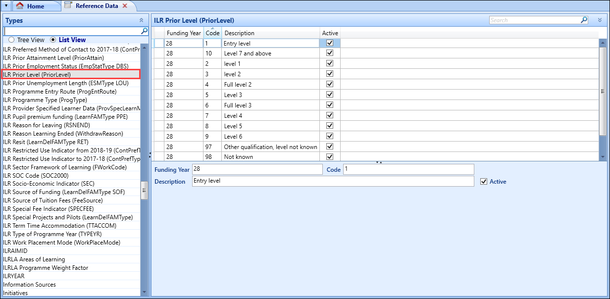 ILR Prior Level (PriorLevel) reference data