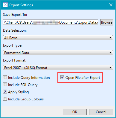 Open File after Export check box