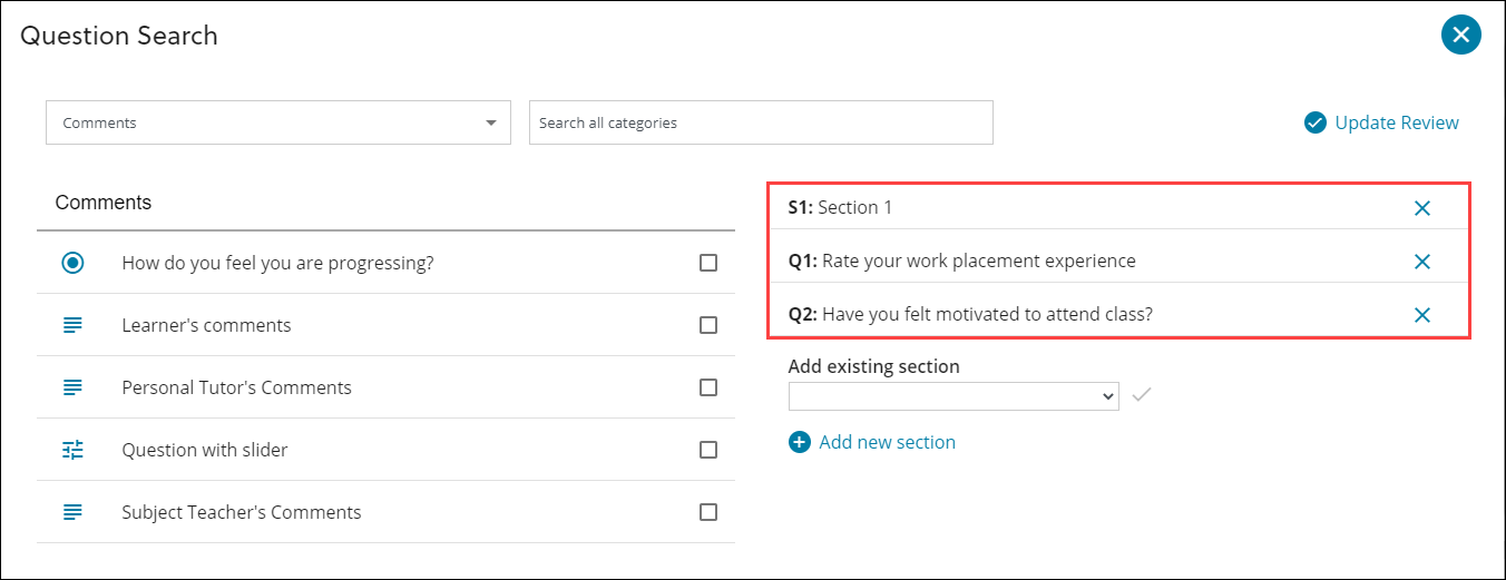 Selected sections and questions